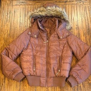 Rust Brown Puffer Jacket with Faux Fur Hood J2 Medium